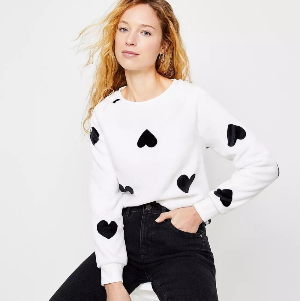 LOFT White Fuzzy Soft Faux Fur Crewneck with Black Hearts Sz Medium